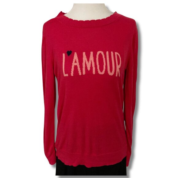 BANANA REPUBLIC Fuchsia pink thin knit French L'amore text sweater ~ XS SMALL - Picture 1 of 13